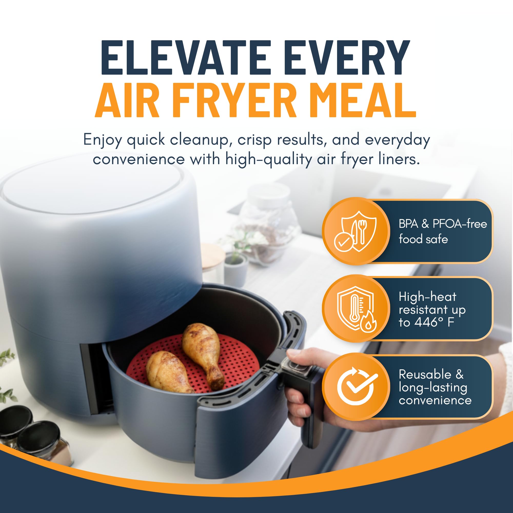 Reusable Square Silicone Air Fryer Liners (8.5 Inch, 3 Pack) by Linda’s Essentials - Non-Stick, Easy-Clean Accessories with Cheat Sheet & Recipe Book, Perfect for Quick Meals