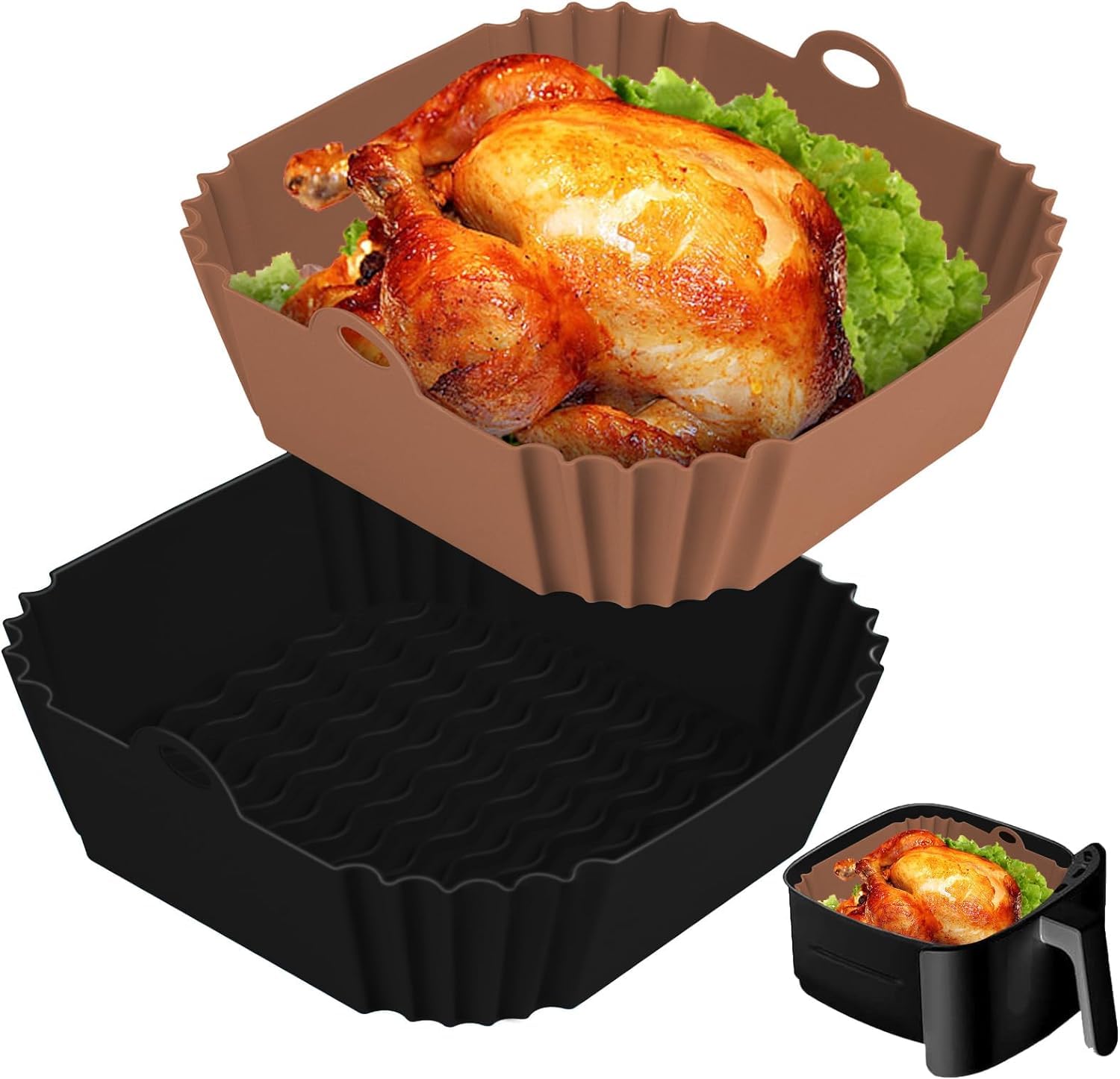 Boribim 2 PCS Square Silicone Air Fryer Liners - 8 Inch Reusable Air Fryer Pot - Air Fryer Accessories - Air Fryer Inserts for 4 to 7 QT Oven Microwave Accessories (Red + Blue)