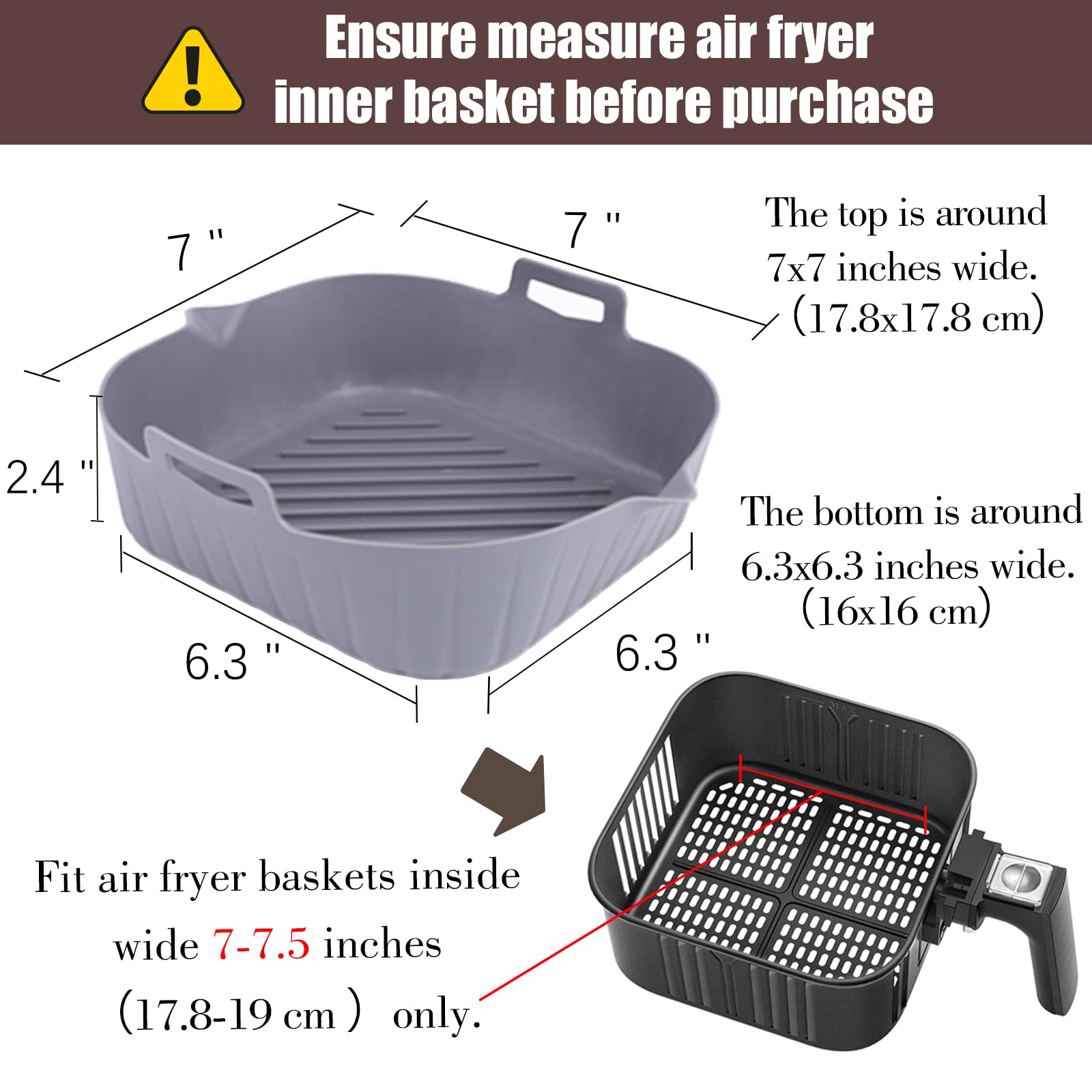 Golden Associate Silicone Liners Square for 6.5 to 7.5 inch Air Fryer, 2 Pcs Non-stick Food-grade Reusable Basket Baking Tray Airfryer Accessories, Top Size 7 inches, Bottom Size 6.3 inches