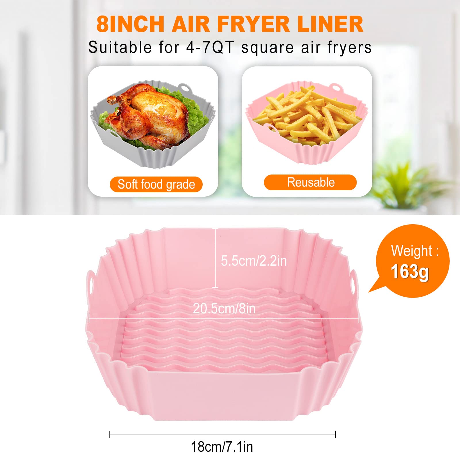 Boribim 2 PCS Square Silicone Air Fryer Liners - 8 Inch Reusable Air Fryer Pot - Air Fryer Accessories - Air Fryer Inserts for 4 to 7 QT Oven Microwave Accessories (Red + Blue)