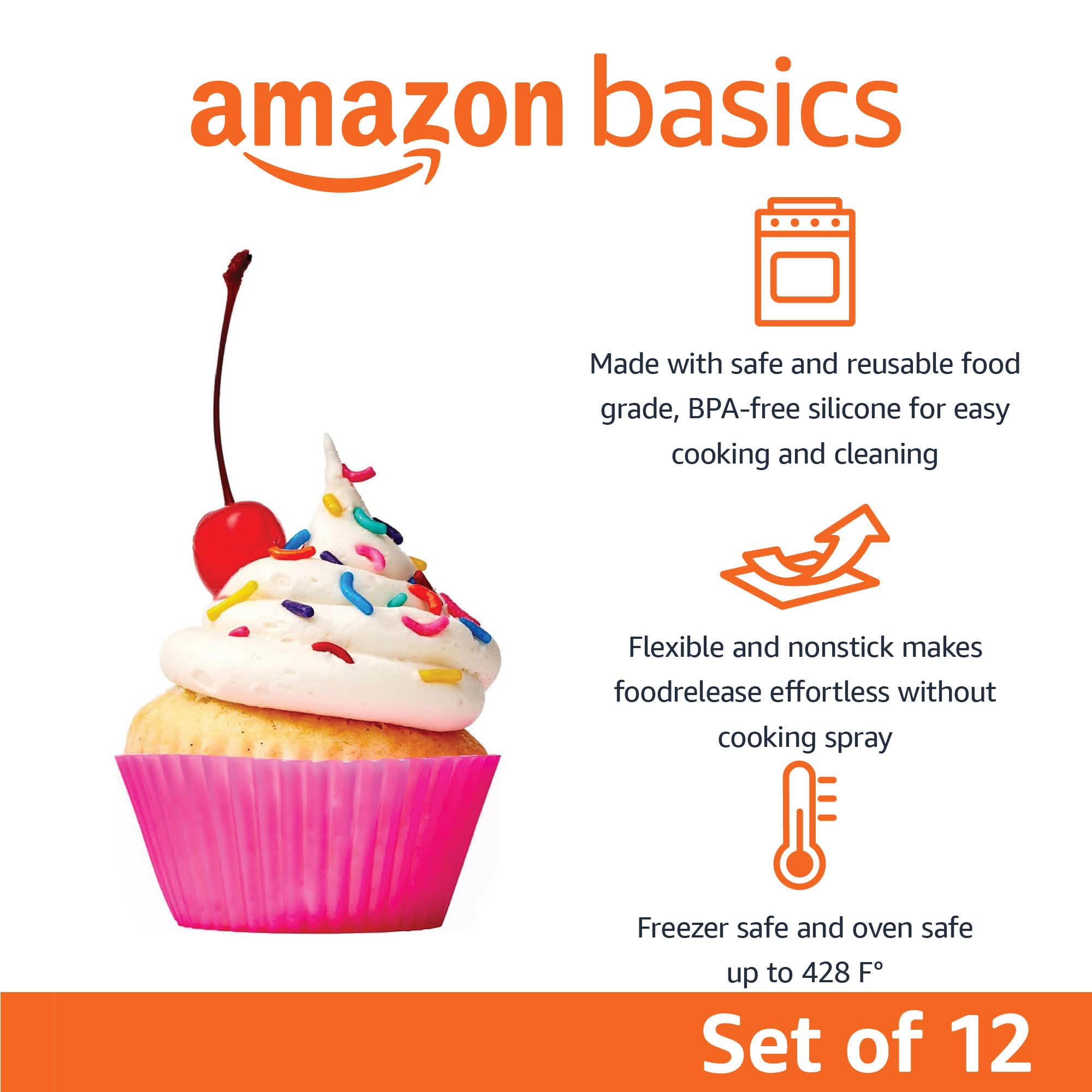 Amazon Basics Reusable Non-Stick Silicone Baking Cups, BPA Free, Muffin Liners, Dishwasher Safe, Microwave and Oven Safe, 2.9 x 2.9 x 1.3 in (LxWxH), Multicolor, 12-Pack