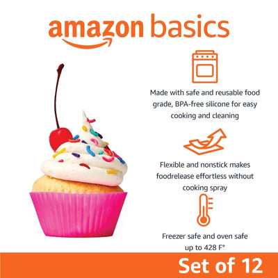 Amazon Basics Reusable Non-Stick Silicone Baking Cups, BPA Free, Muffin Liners, Dishwasher Safe, Microwave and Oven Safe, 2.9 x 2.9 x 1.3 in (LxWxH), Multicolor, 12-Pack