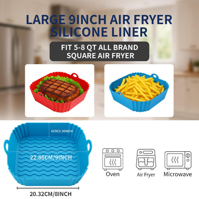 Boribim 2 PCS Square Silicone Air Fryer Liners - 8 Inch Reusable Air Fryer Pot - Air Fryer Accessories - Air Fryer Inserts for 4 to 7 QT Oven Microwave Accessories (Red + Blue)