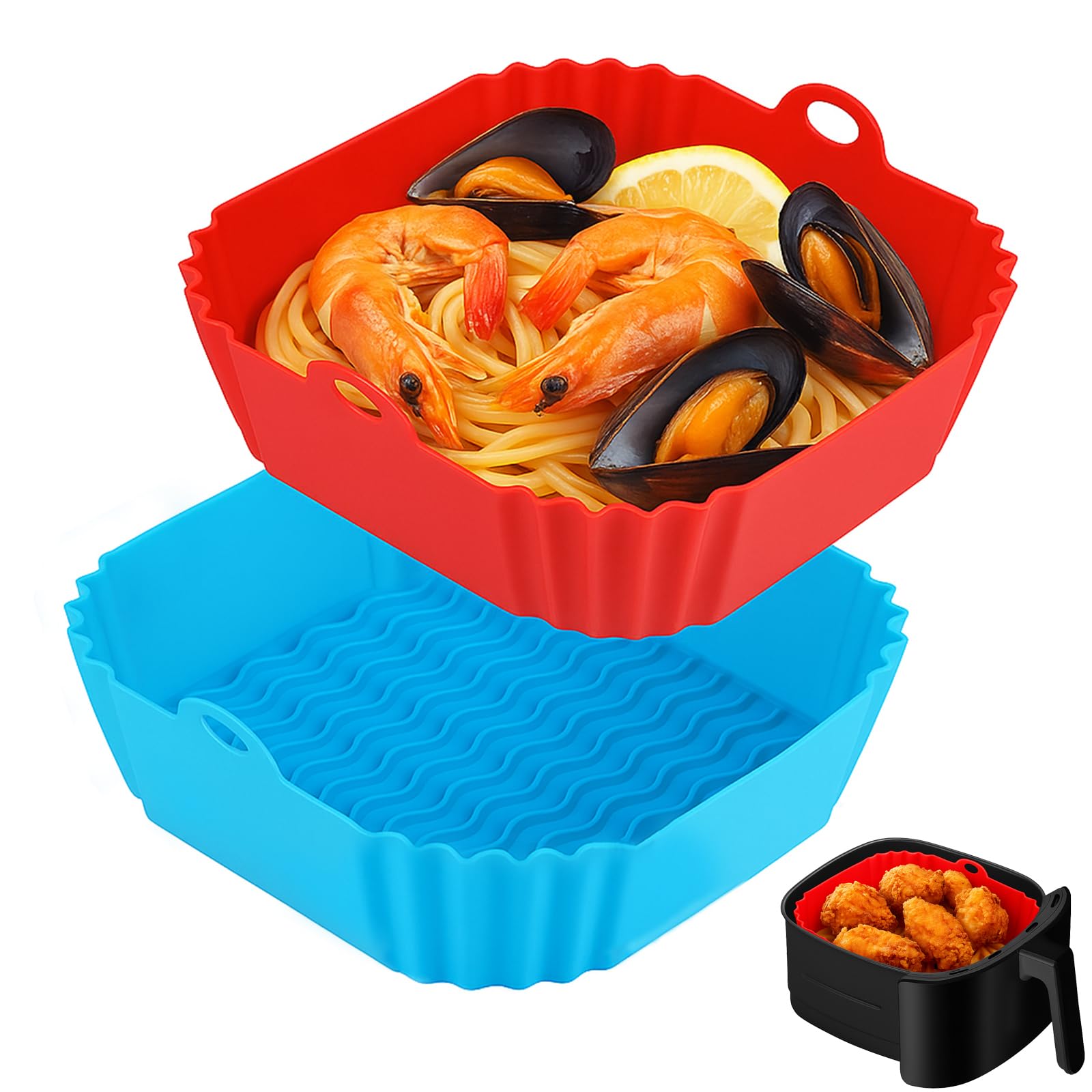 Boribim 2 PCS Square Silicone Air Fryer Liners - 8 Inch Reusable Air Fryer Pot - Air Fryer Accessories - Air Fryer Inserts for 4 to 7 QT Oven Microwave Accessories (Red + Blue)