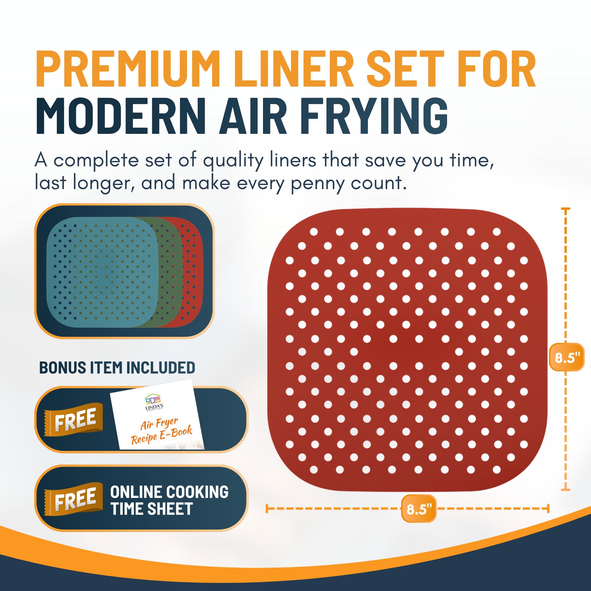 Reusable Square Silicone Air Fryer Liners (8.5 Inch, 3 Pack) by Linda’s Essentials - Non-Stick, Easy-Clean Accessories with Cheat Sheet & Recipe Book, Perfect for Quick Meals