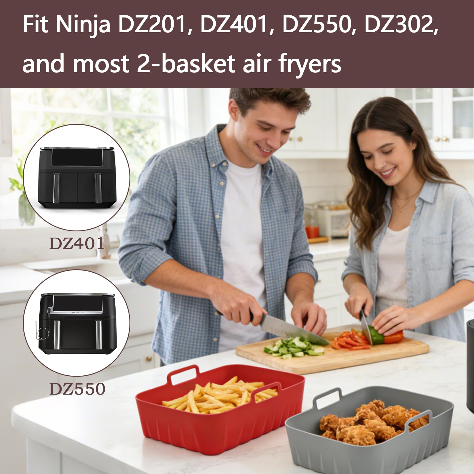 Golden Associate Silicone Liners Square for 6.5 to 7.5 inch Air Fryer, 2 Pcs Non-stick Food-grade Reusable Basket Baking Tray Airfryer Accessories, Top Size 7 inches, Bottom Size 6.3 inches