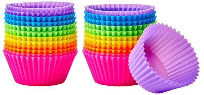 Amazon Basics Reusable Non-Stick Silicone Baking Cups, BPA Free, Muffin Liners, Dishwasher Safe, Microwave and Oven Safe, 2.9 x 2.9 x 1.3 in (LxWxH), Multicolor, 12-Pack