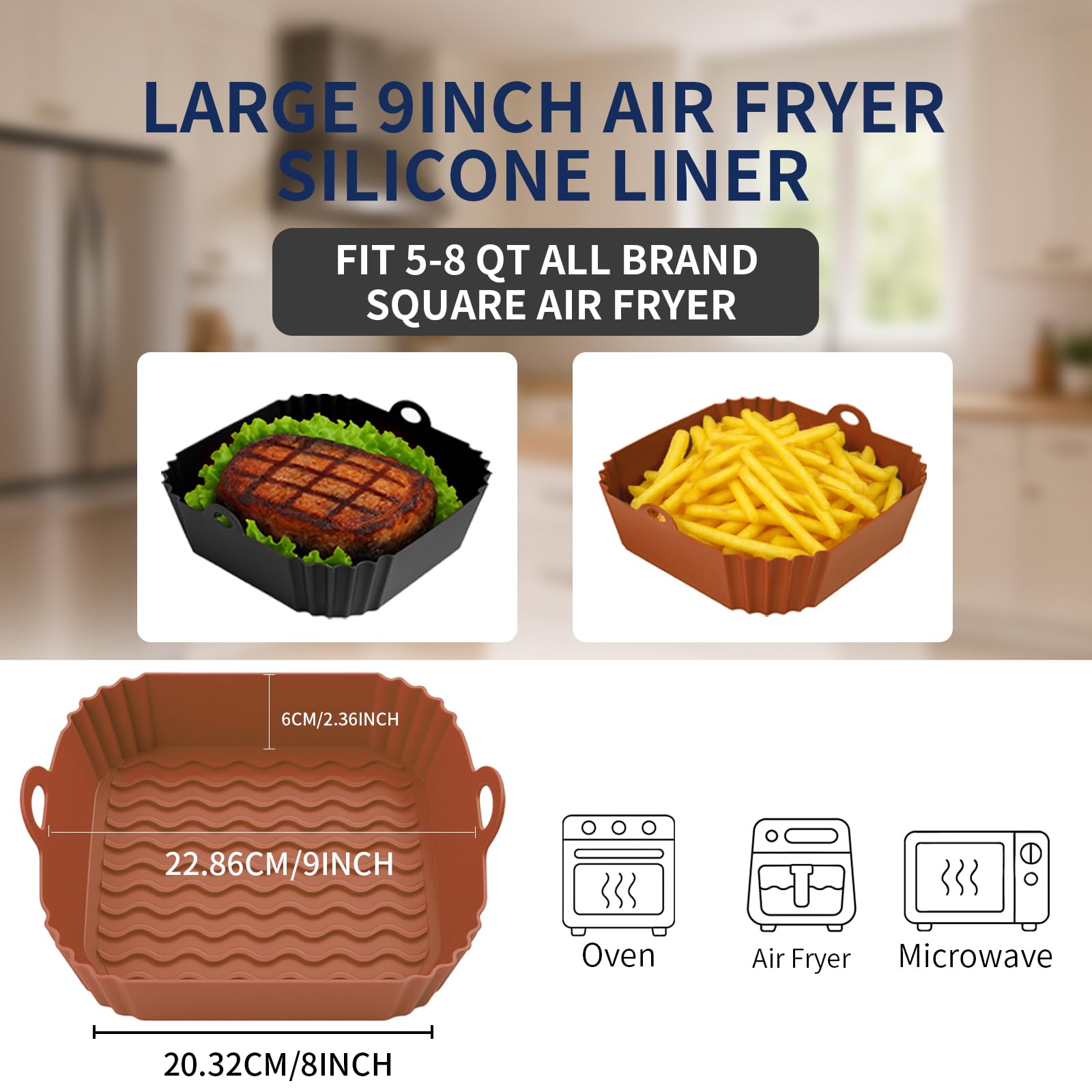 Boribim 2 PCS Square Silicone Air Fryer Liners - 8 Inch Reusable Air Fryer Pot - Air Fryer Accessories - Air Fryer Inserts for 4 to 7 QT Oven Microwave Accessories (Red + Blue)