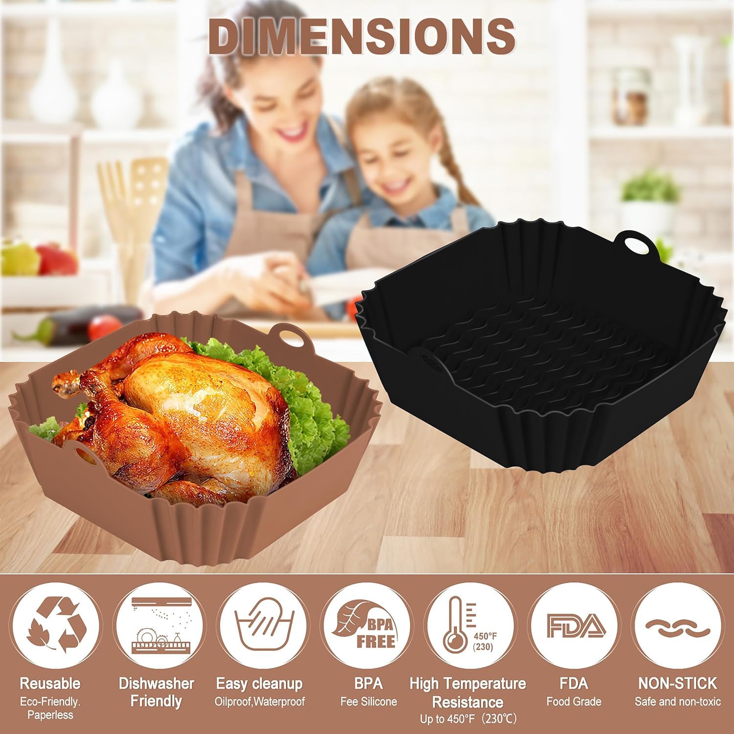 Boribim 2 PCS Square Silicone Air Fryer Liners - 8 Inch Reusable Air Fryer Pot - Air Fryer Accessories - Air Fryer Inserts for 4 to 7 QT Oven Microwave Accessories (Red + Blue)