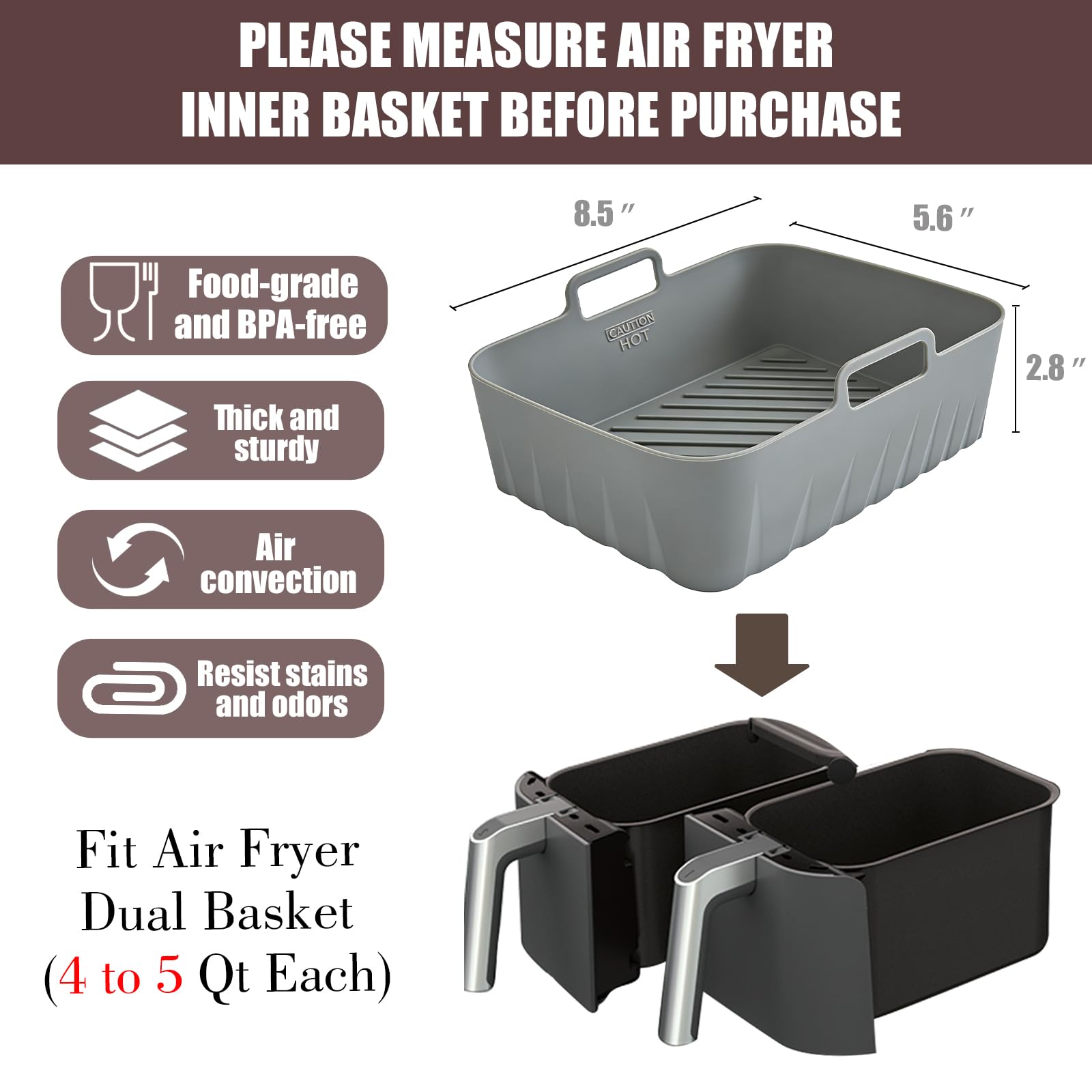 Golden Associate Silicone Liners Square for 6.5 to 7.5 inch Air Fryer, 2 Pcs Non-stick Food-grade Reusable Basket Baking Tray Airfryer Accessories, Top Size 7 inches, Bottom Size 6.3 inches