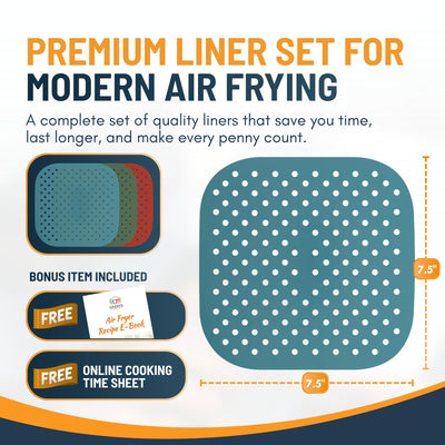 Reusable Square Silicone Air Fryer Liners (8.5 Inch, 3 Pack) by Linda’s Essentials - Non-Stick, Easy-Clean Accessories with Cheat Sheet & Recipe Book, Perfect for Quick Meals