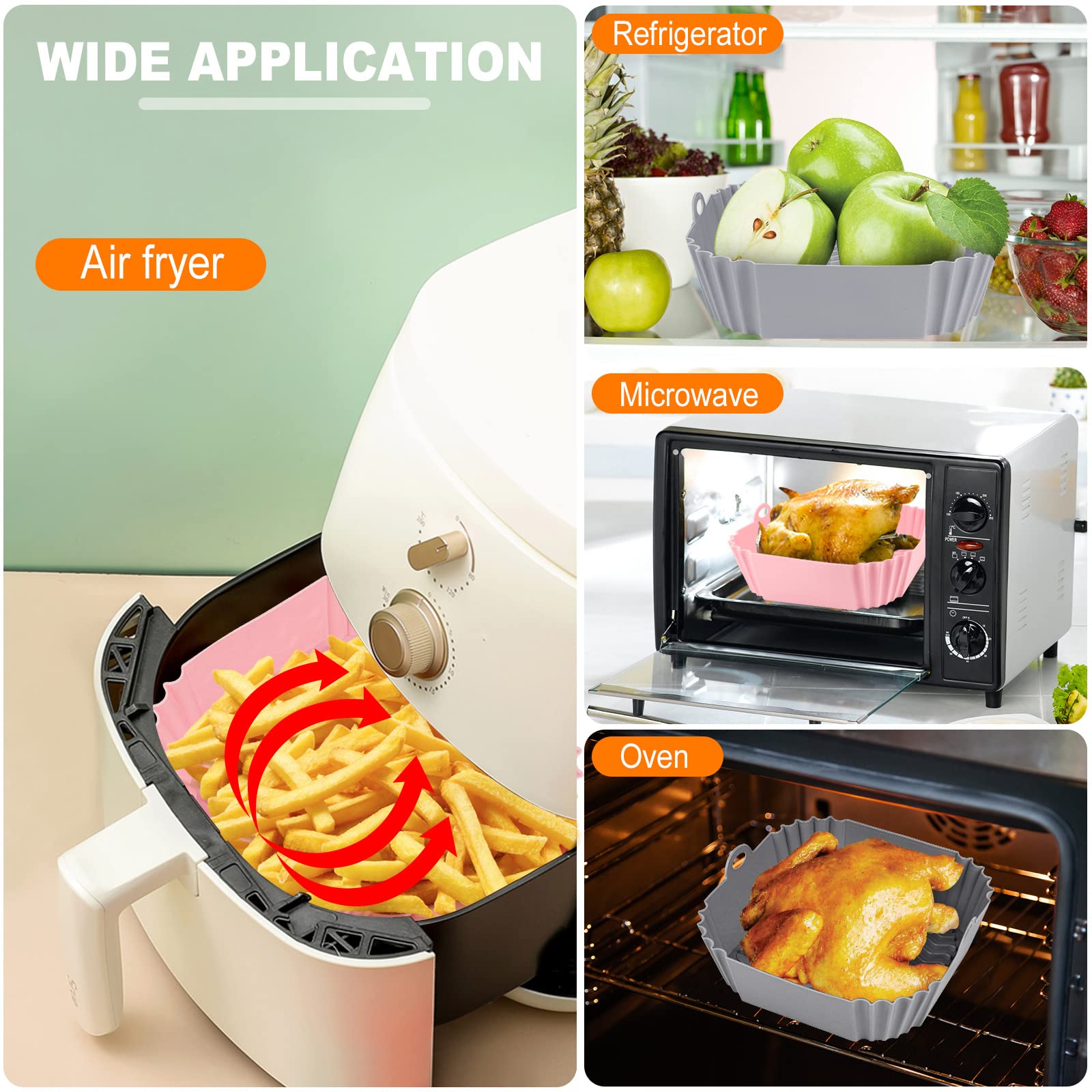 Boribim 2 PCS Square Silicone Air Fryer Liners - 8 Inch Reusable Air Fryer Pot - Air Fryer Accessories - Air Fryer Inserts for 4 to 7 QT Oven Microwave Accessories (Red + Blue)