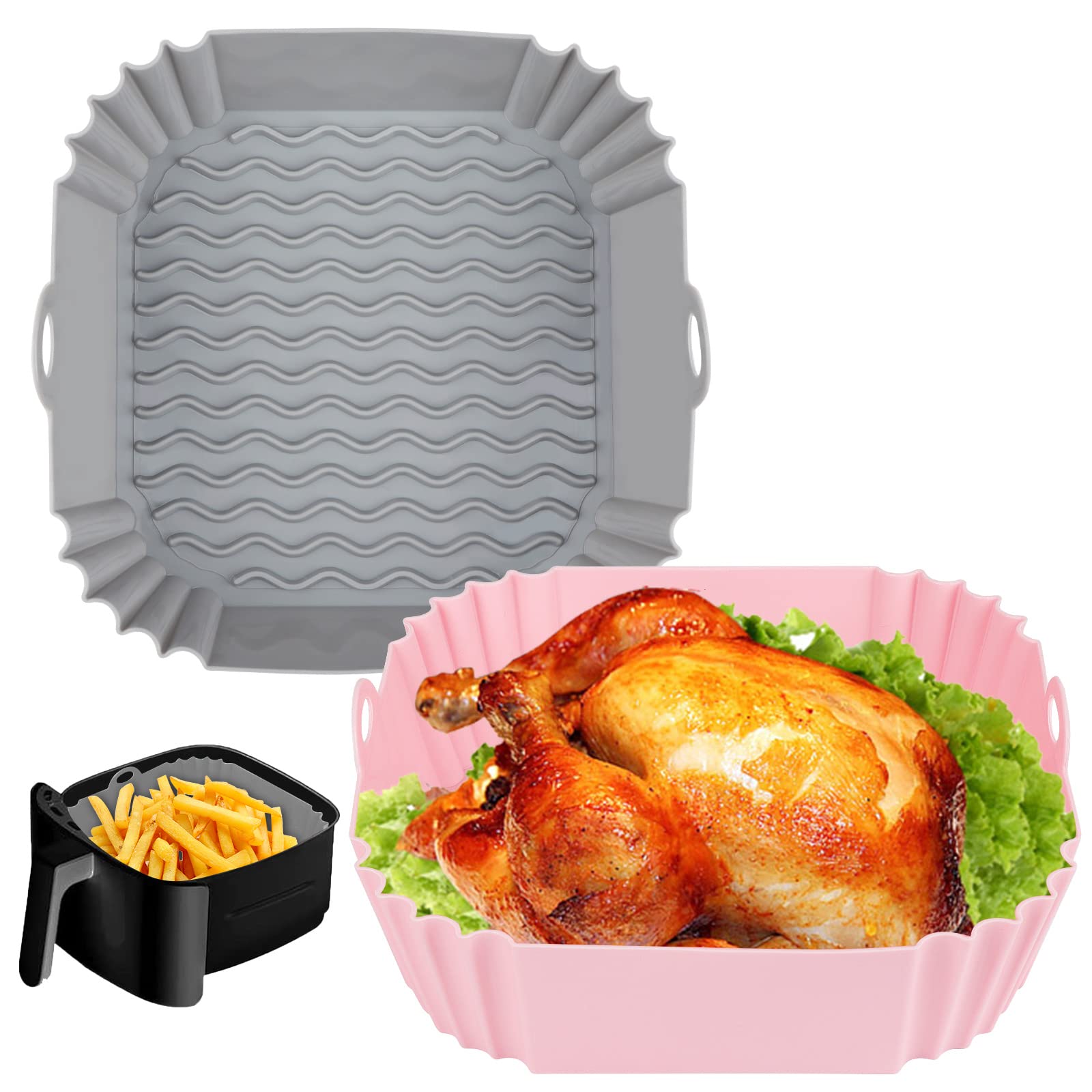 Boribim 2 PCS Square Silicone Air Fryer Liners - 8 Inch Reusable Air Fryer Pot - Air Fryer Accessories - Air Fryer Inserts for 4 to 7 QT Oven Microwave Accessories (Red + Blue)