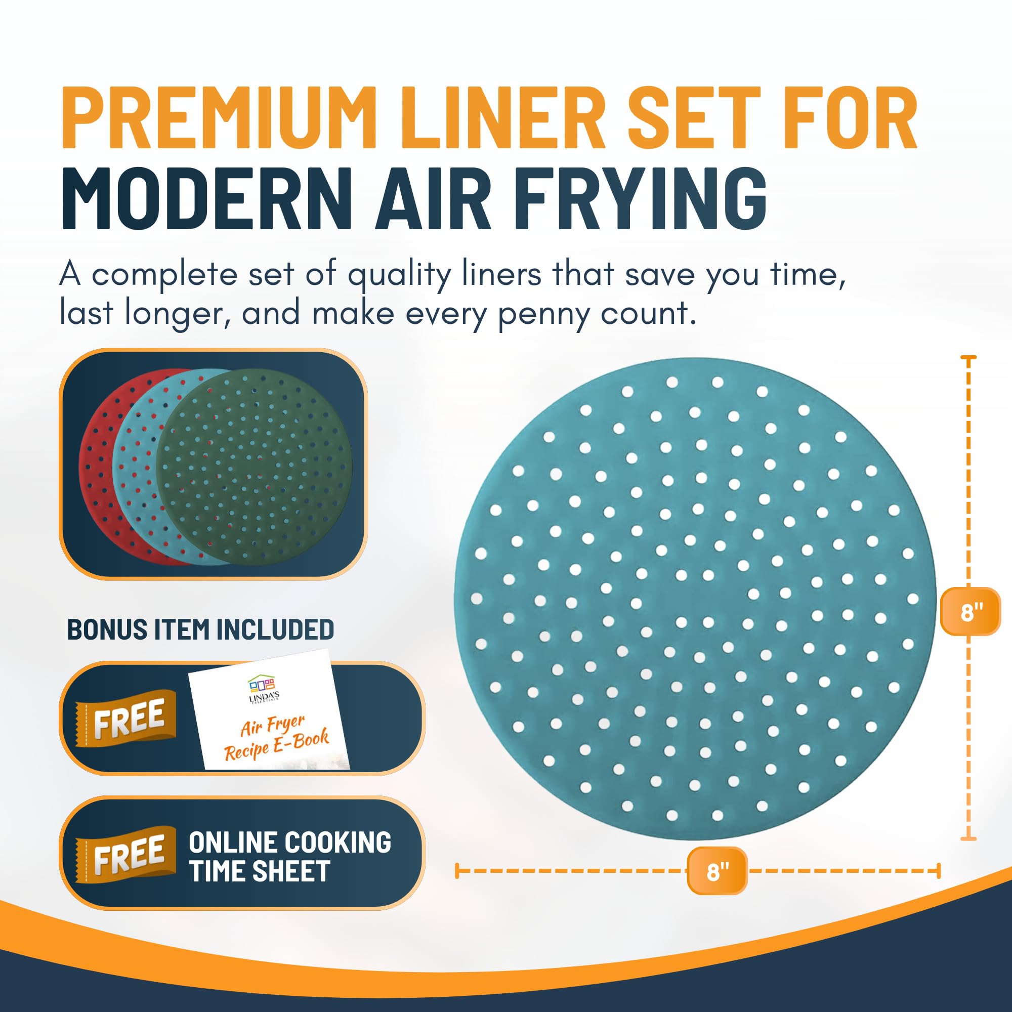 Reusable Square Silicone Air Fryer Liners (8.5 Inch, 3 Pack) by Linda’s Essentials - Non-Stick, Easy-Clean Accessories with Cheat Sheet & Recipe Book, Perfect for Quick Meals