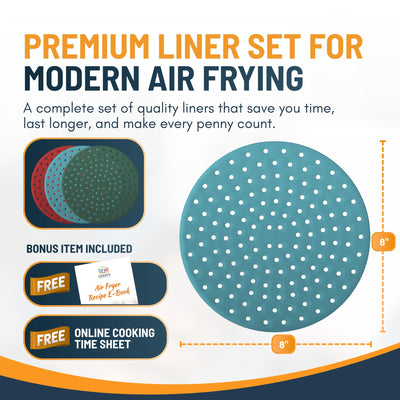 Reusable Square Silicone Air Fryer Liners (8.5 Inch, 3 Pack) by Linda’s Essentials - Non-Stick, Easy-Clean Accessories with Cheat Sheet & Recipe Book, Perfect for Quick Meals