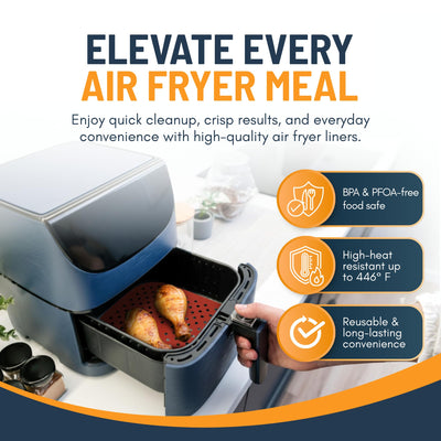 Reusable Square Silicone Air Fryer Liners (8.5 Inch, 3 Pack) by Linda’s Essentials - Non-Stick, Easy-Clean Accessories with Cheat Sheet & Recipe Book, Perfect for Quick Meals