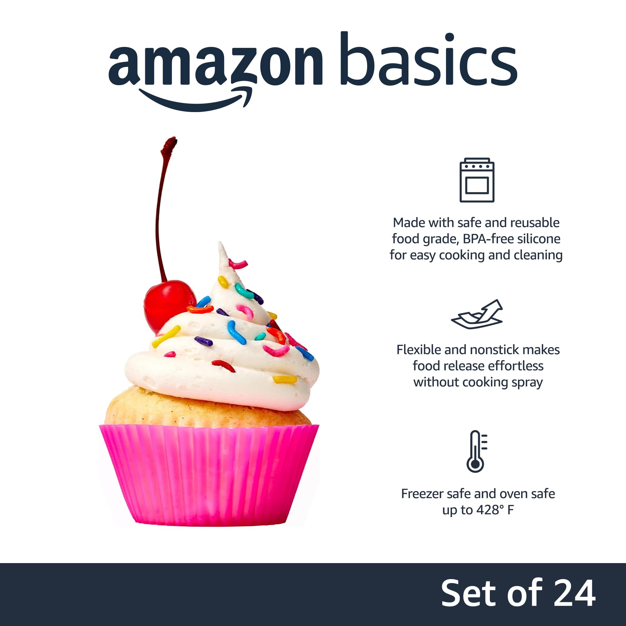 Amazon Basics Reusable Non-Stick Silicone Baking Cups, BPA Free, Muffin Liners, Dishwasher Safe, Microwave and Oven Safe, 2.9 x 2.9 x 1.3 in (LxWxH), Multicolor, 12-Pack