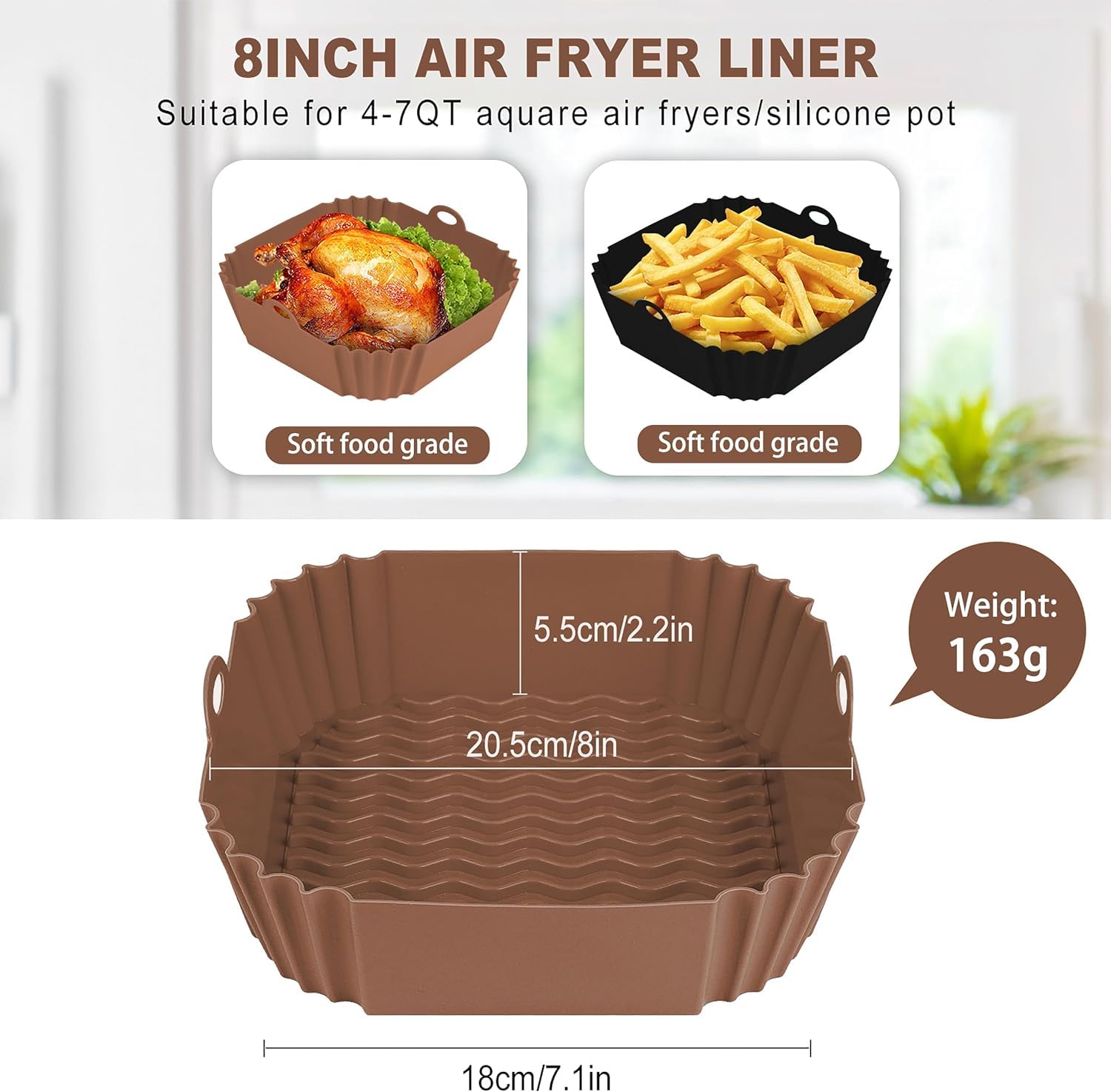 Boribim 2 PCS Square Silicone Air Fryer Liners - 8 Inch Reusable Air Fryer Pot - Air Fryer Accessories - Air Fryer Inserts for 4 to 7 QT Oven Microwave Accessories (Red + Blue)