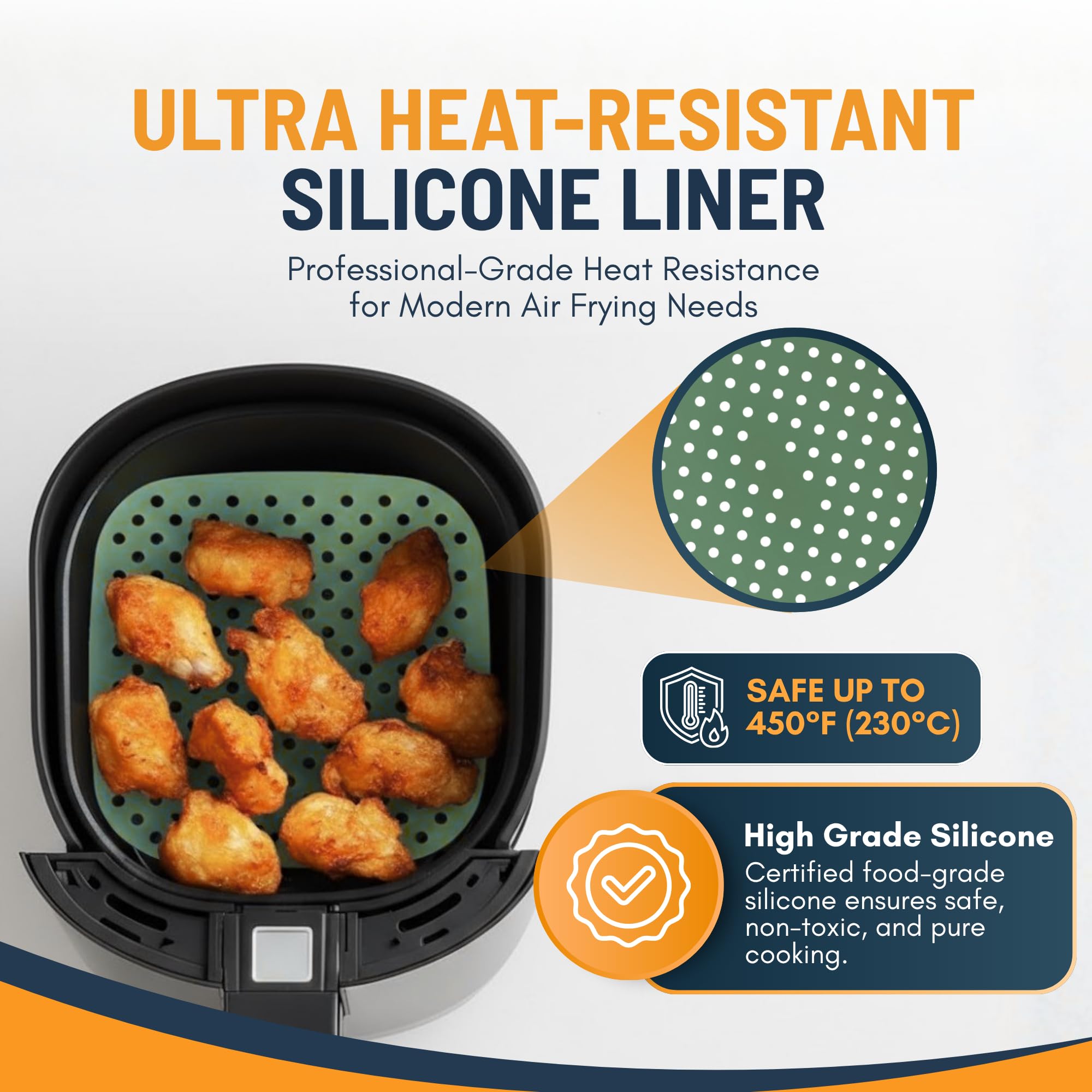 Reusable Square Silicone Air Fryer Liners (8.5 Inch, 3 Pack) by Linda’s Essentials - Non-Stick, Easy-Clean Accessories with Cheat Sheet & Recipe Book, Perfect for Quick Meals