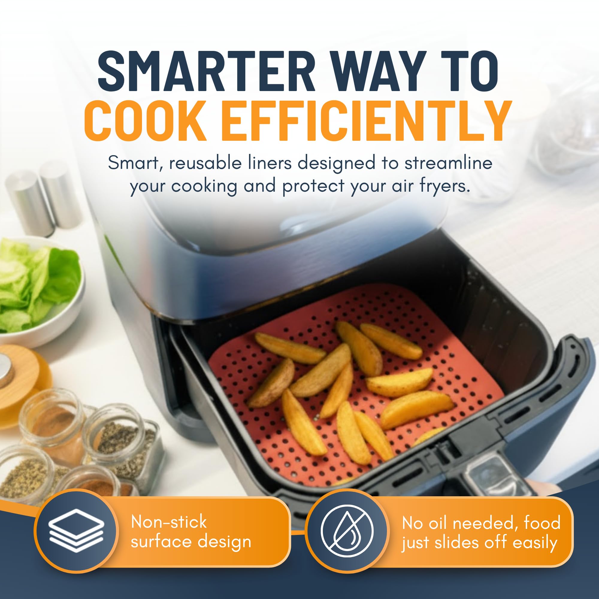 Reusable Square Silicone Air Fryer Liners (8.5 Inch, 3 Pack) by Linda’s Essentials - Non-Stick, Easy-Clean Accessories with Cheat Sheet & Recipe Book, Perfect for Quick Meals