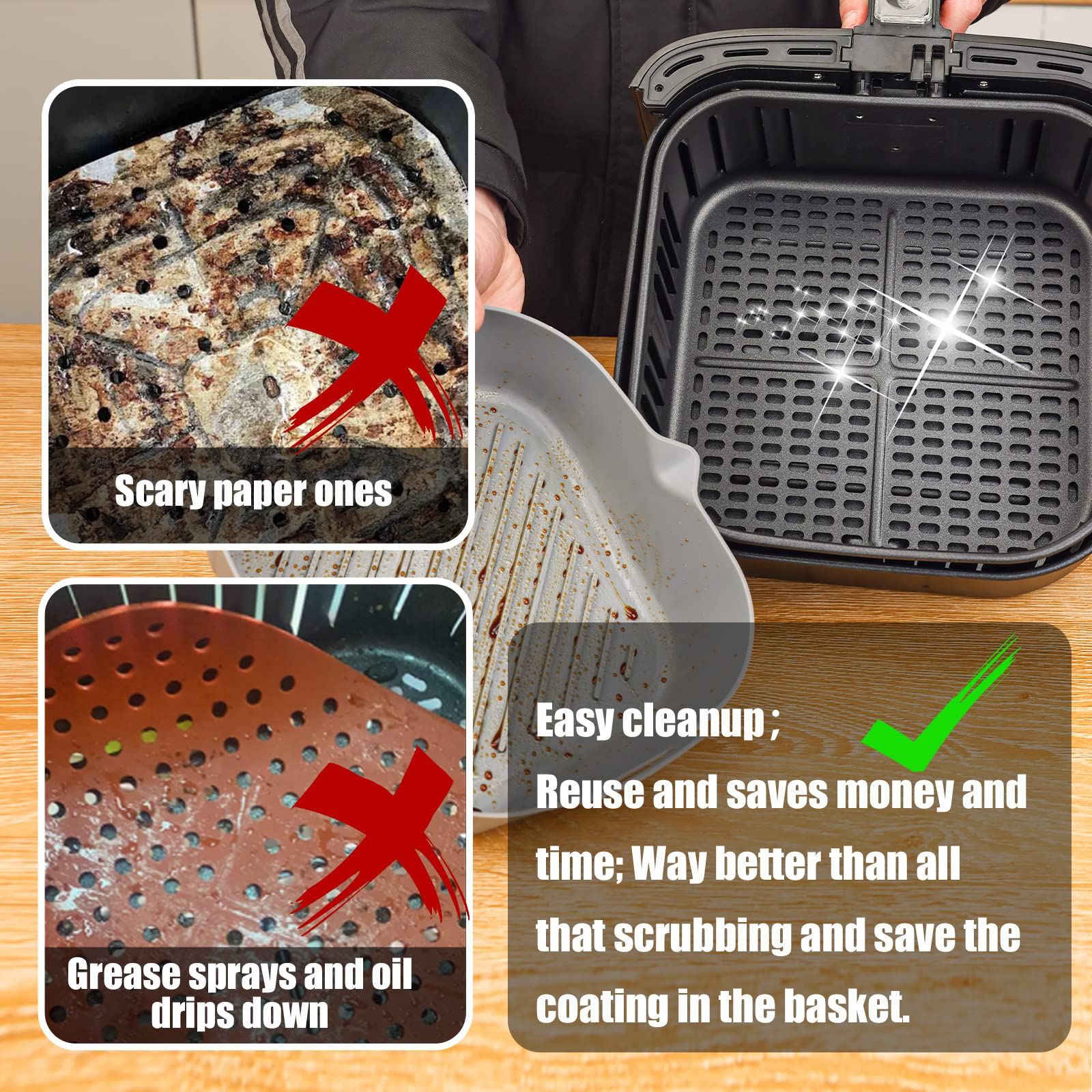 Golden Associate Silicone Liners Square for 6.5 to 7.5 inch Air Fryer, 2 Pcs Non-stick Food-grade Reusable Basket Baking Tray Airfryer Accessories, Top Size 7 inches, Bottom Size 6.3 inches