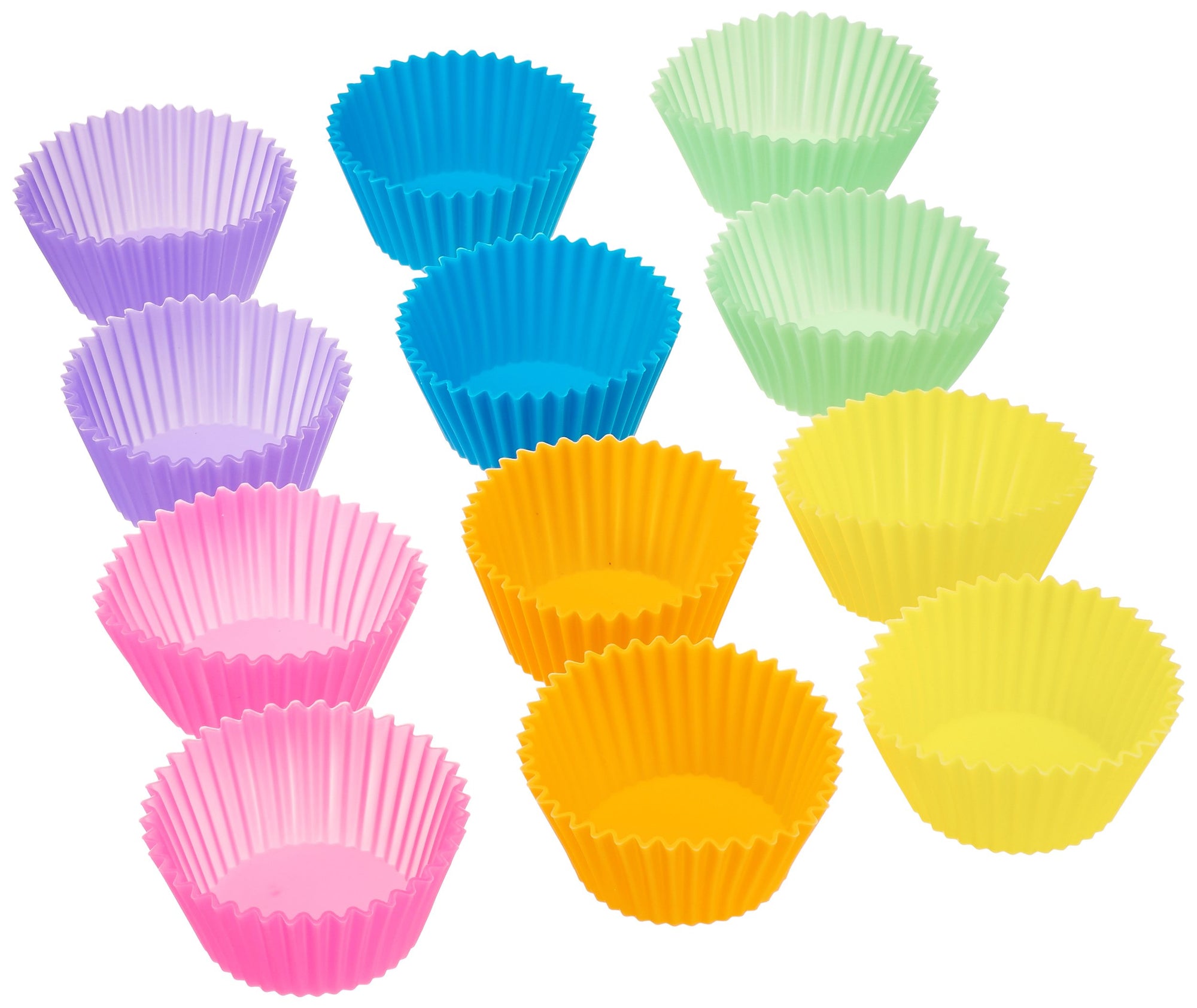 Amazon Basics Reusable Non-Stick Silicone Baking Cups, BPA Free, Muffin Liners, Dishwasher Safe, Microwave and Oven Safe, 2.9 x 2.9 x 1.3 in (LxWxH), Multicolor, 12-Pack