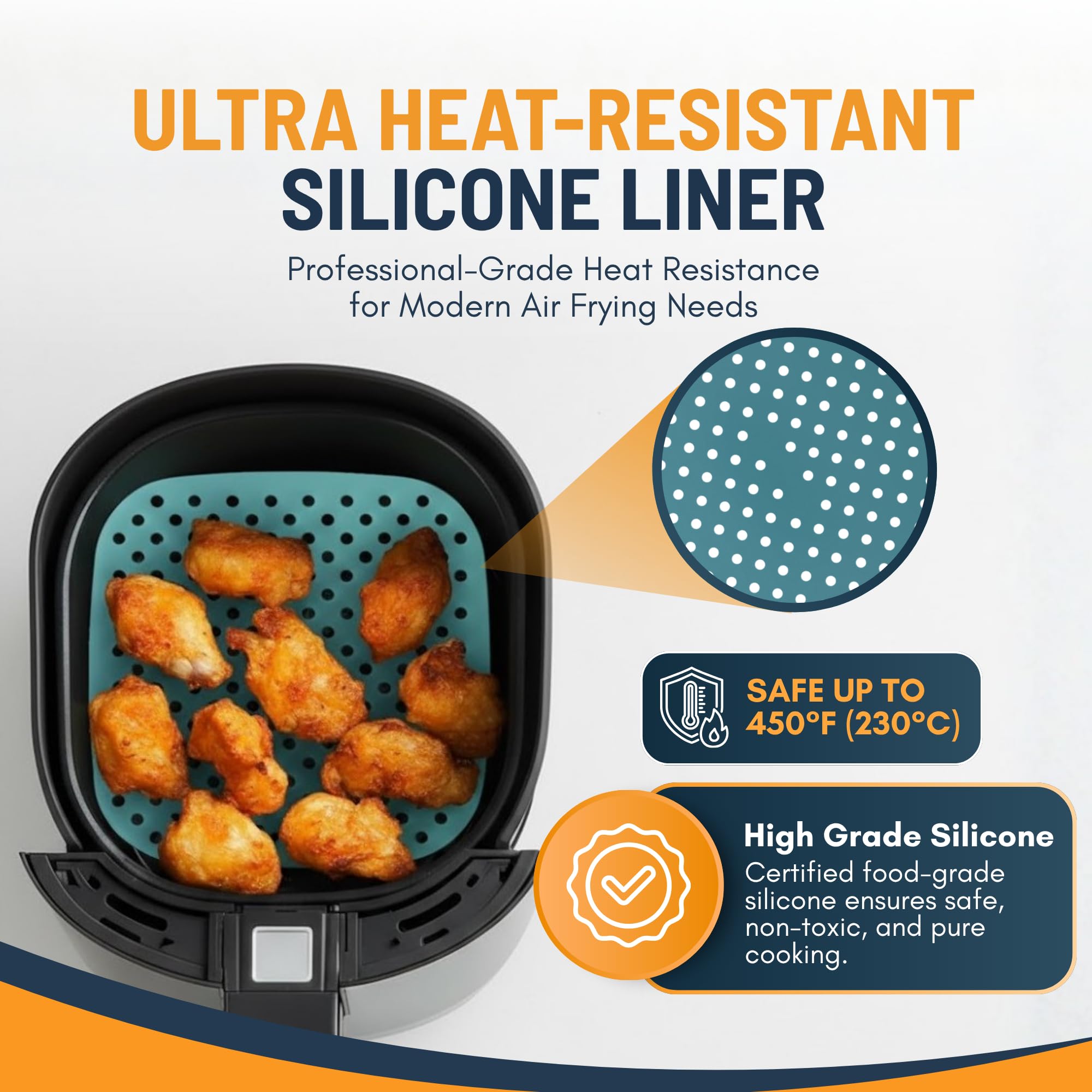 Reusable Square Silicone Air Fryer Liners (8.5 Inch, 3 Pack) by Linda’s Essentials - Non-Stick, Easy-Clean Accessories with Cheat Sheet & Recipe Book, Perfect for Quick Meals