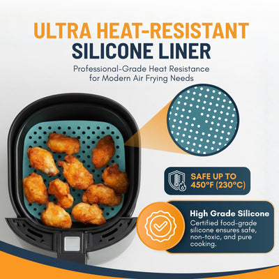 Reusable Square Silicone Air Fryer Liners (8.5 Inch, 3 Pack) by Linda’s Essentials - Non-Stick, Easy-Clean Accessories with Cheat Sheet & Recipe Book, Perfect for Quick Meals