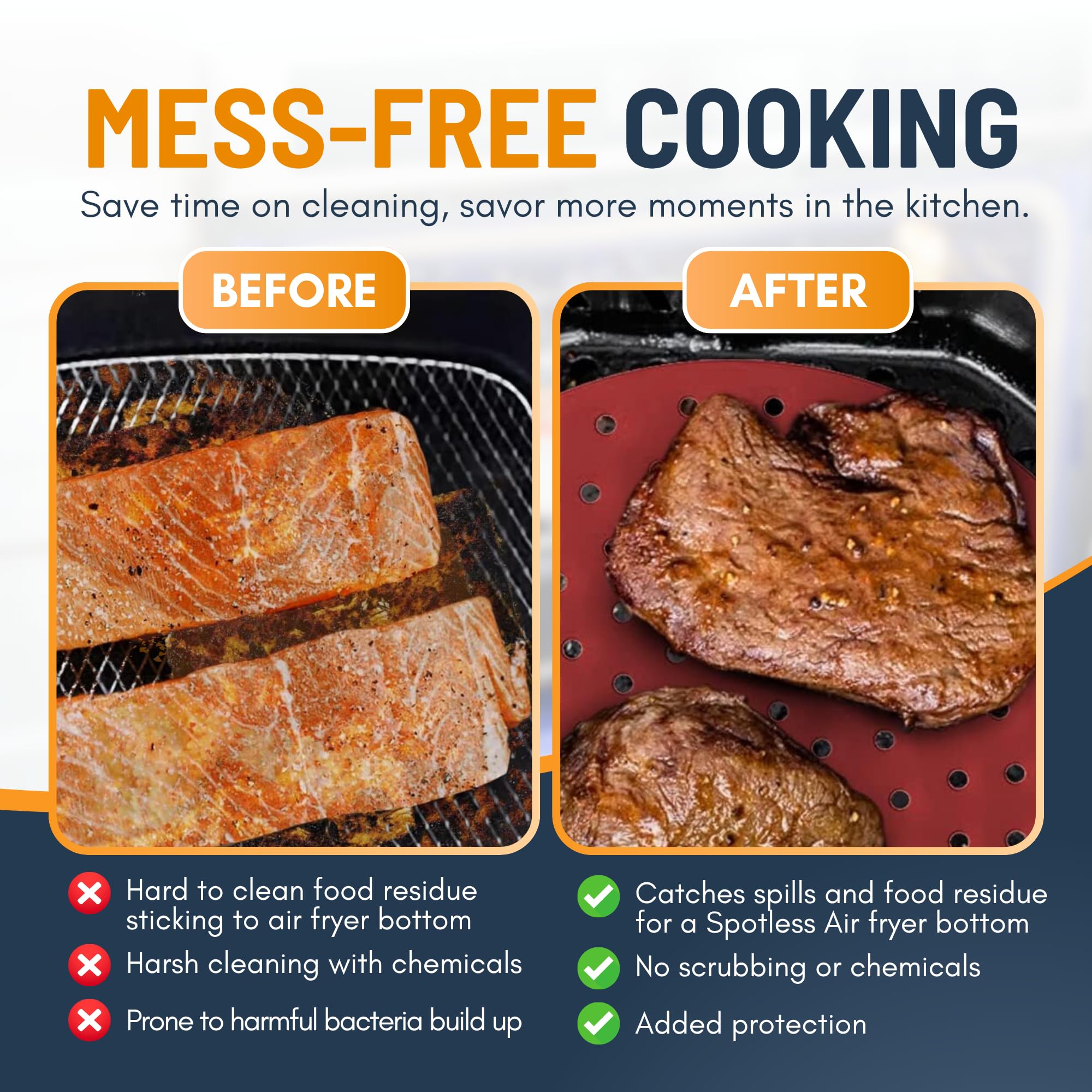 Reusable Square Silicone Air Fryer Liners (8.5 Inch, 3 Pack) by Linda’s Essentials - Non-Stick, Easy-Clean Accessories with Cheat Sheet & Recipe Book, Perfect for Quick Meals