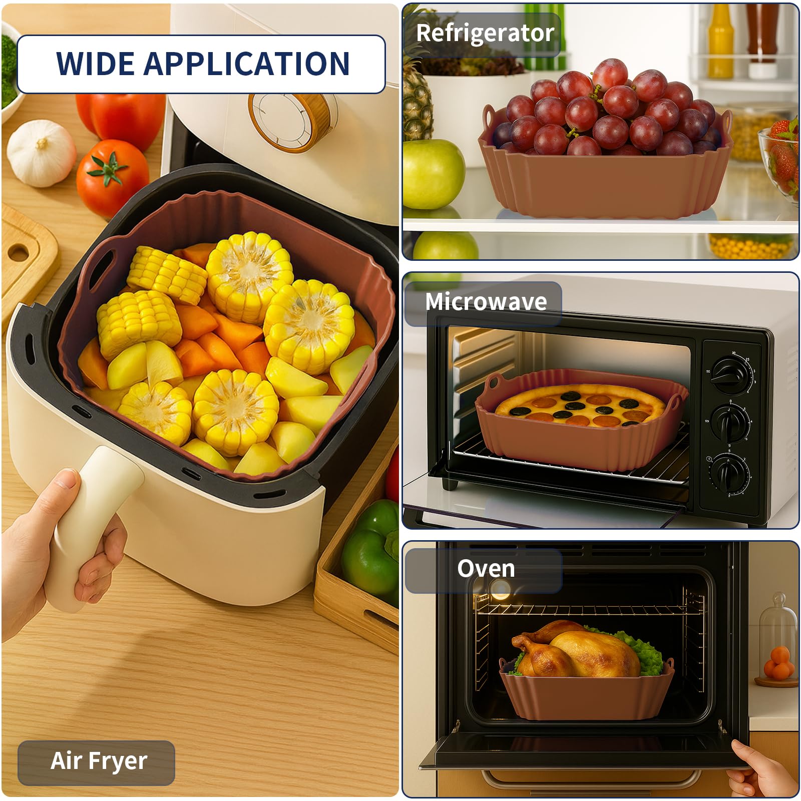 Boribim 2 PCS Square Silicone Air Fryer Liners - 8 Inch Reusable Air Fryer Pot - Air Fryer Accessories - Air Fryer Inserts for 4 to 7 QT Oven Microwave Accessories (Red + Blue)