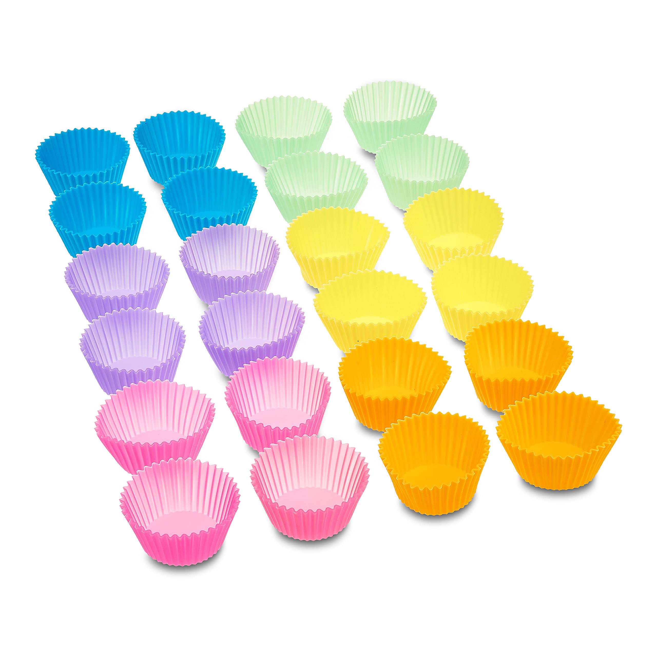 Amazon Basics Reusable Non-Stick Silicone Baking Cups, BPA Free, Muffin Liners, Dishwasher Safe, Microwave and Oven Safe, 2.9 x 2.9 x 1.3 in (LxWxH), Multicolor, 12-Pack